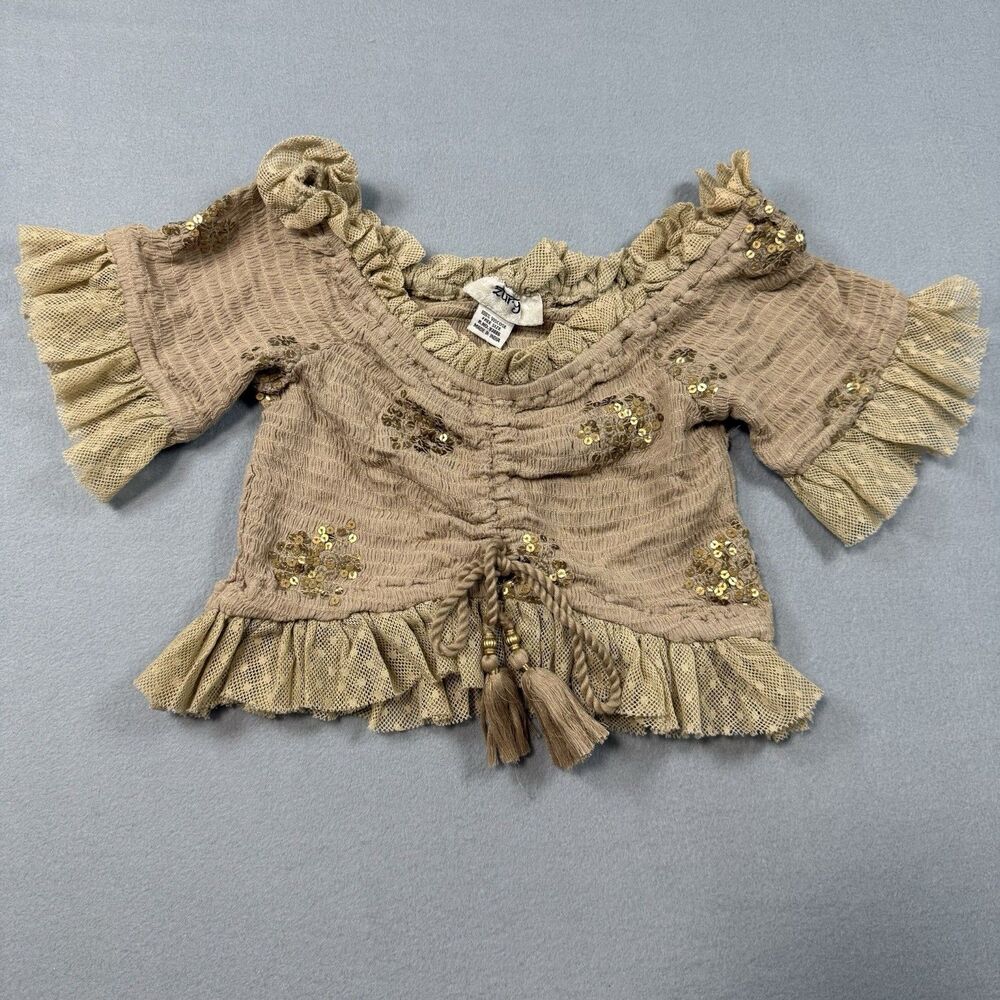 Zury NWT Boho Top Free Size Beige Sequined Ruffle Sleeve Viscose